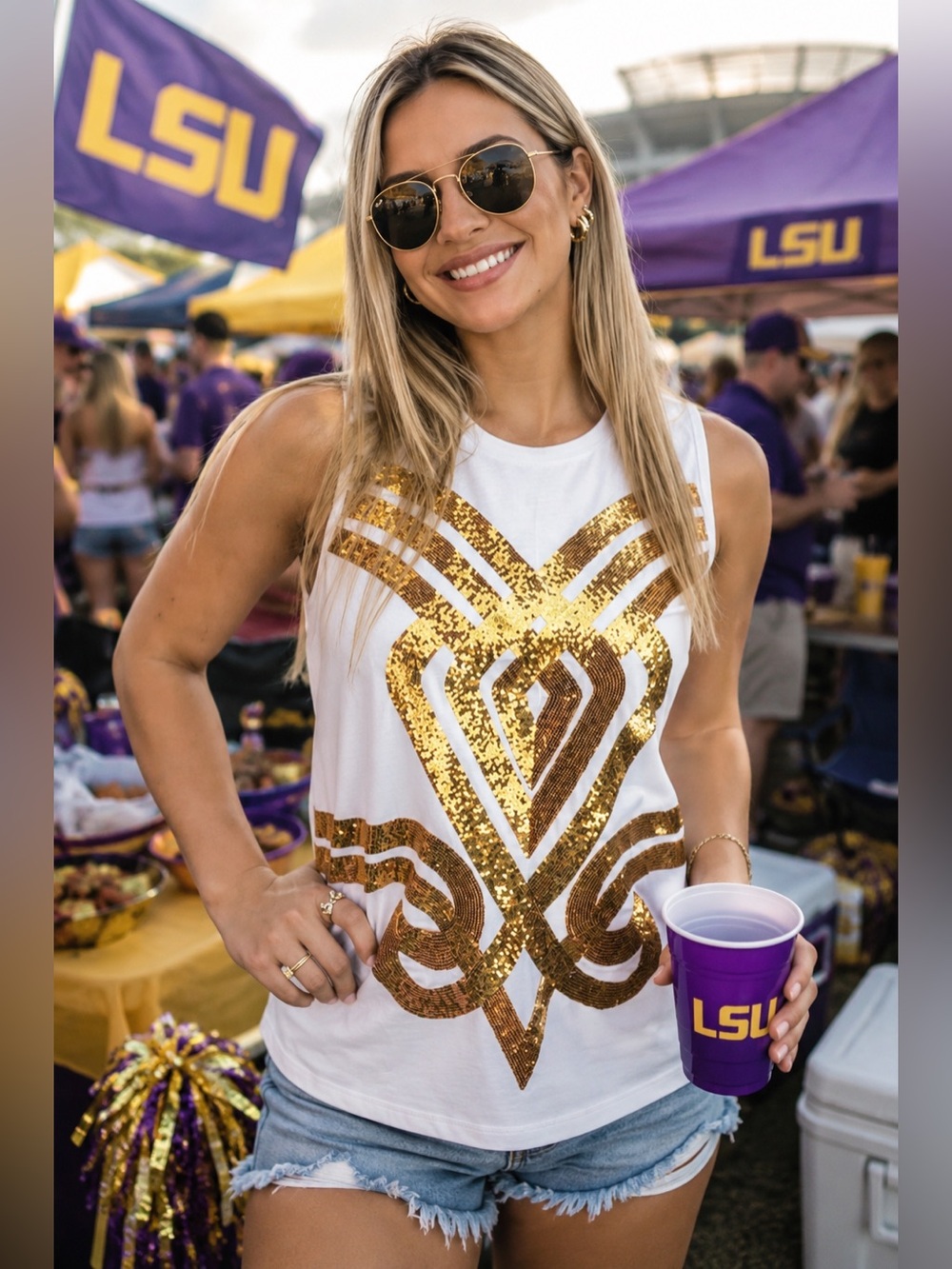 NWT LSU Golden Girl Tank (Licensed) Women's Sequin Design Tank (White)